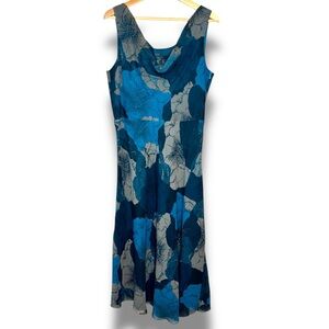 Vintage Y2K Banana Republic Blue Gray Floral Print Cowl Neck Silk Midi Dress 12
